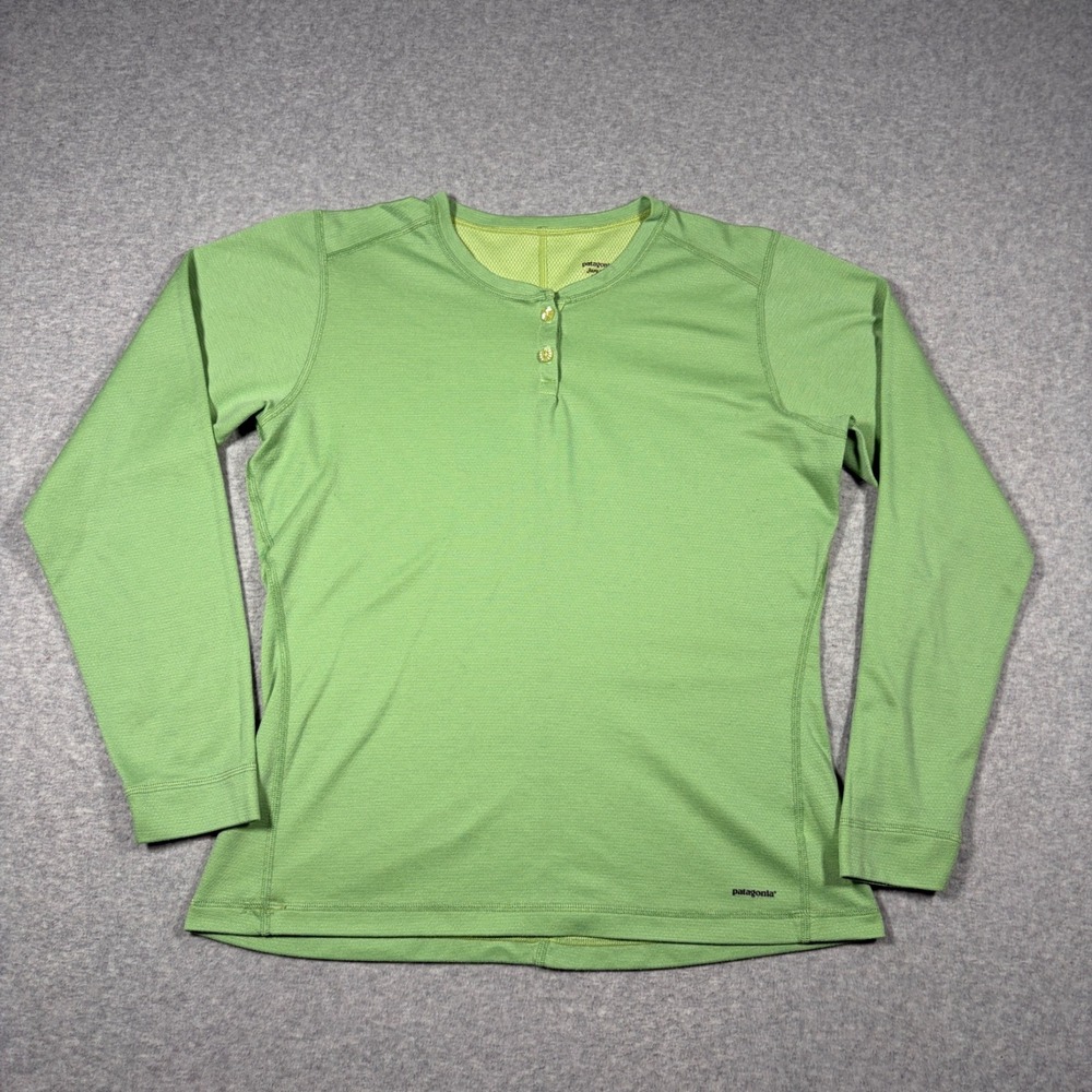 VTG Patagonia Capilene Henley Shirt Women Large Green Long Sleeve USA Made Layer